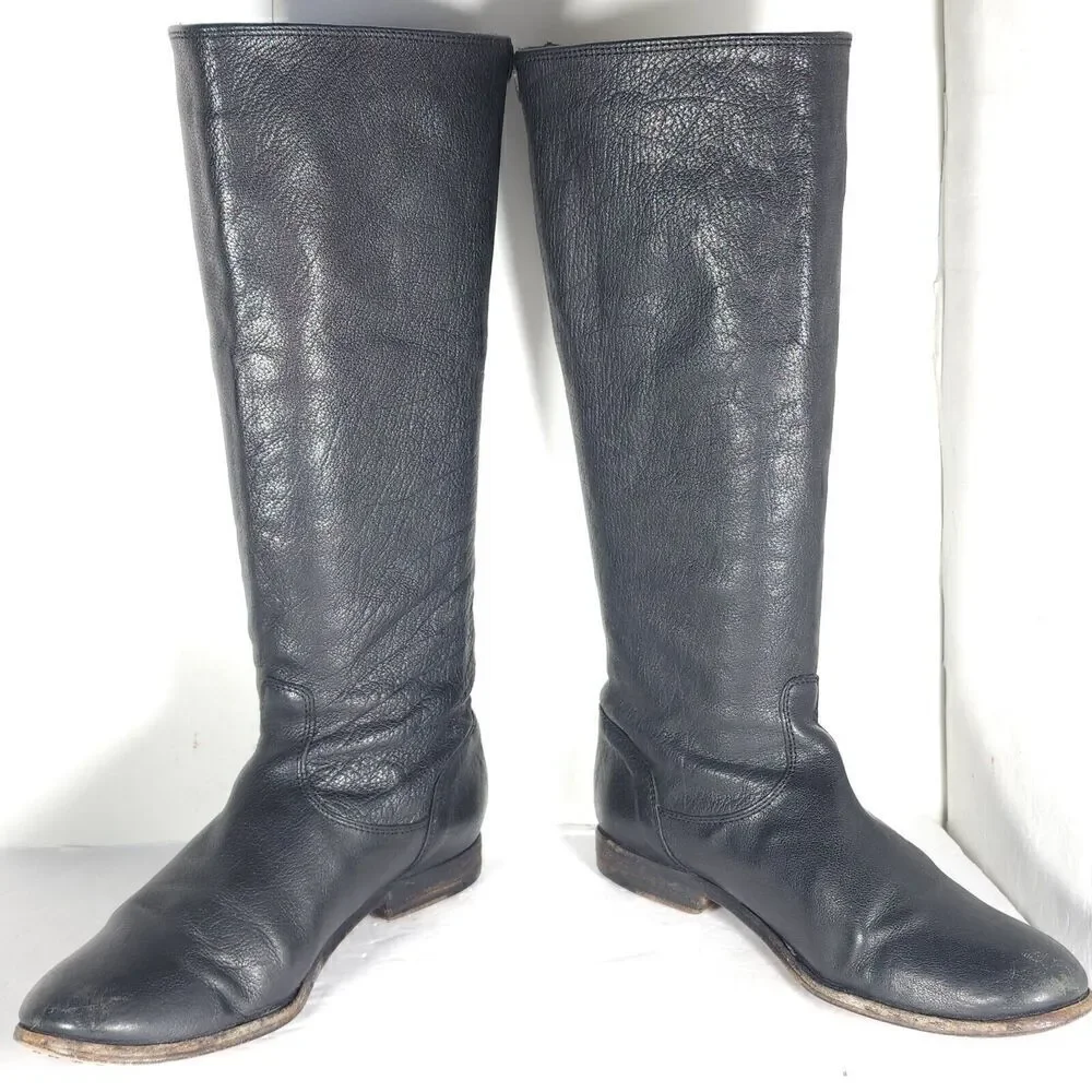 FRYE Women's Melissa Back Zip US 7,5B Black Leather Button Tall Riding Boots
